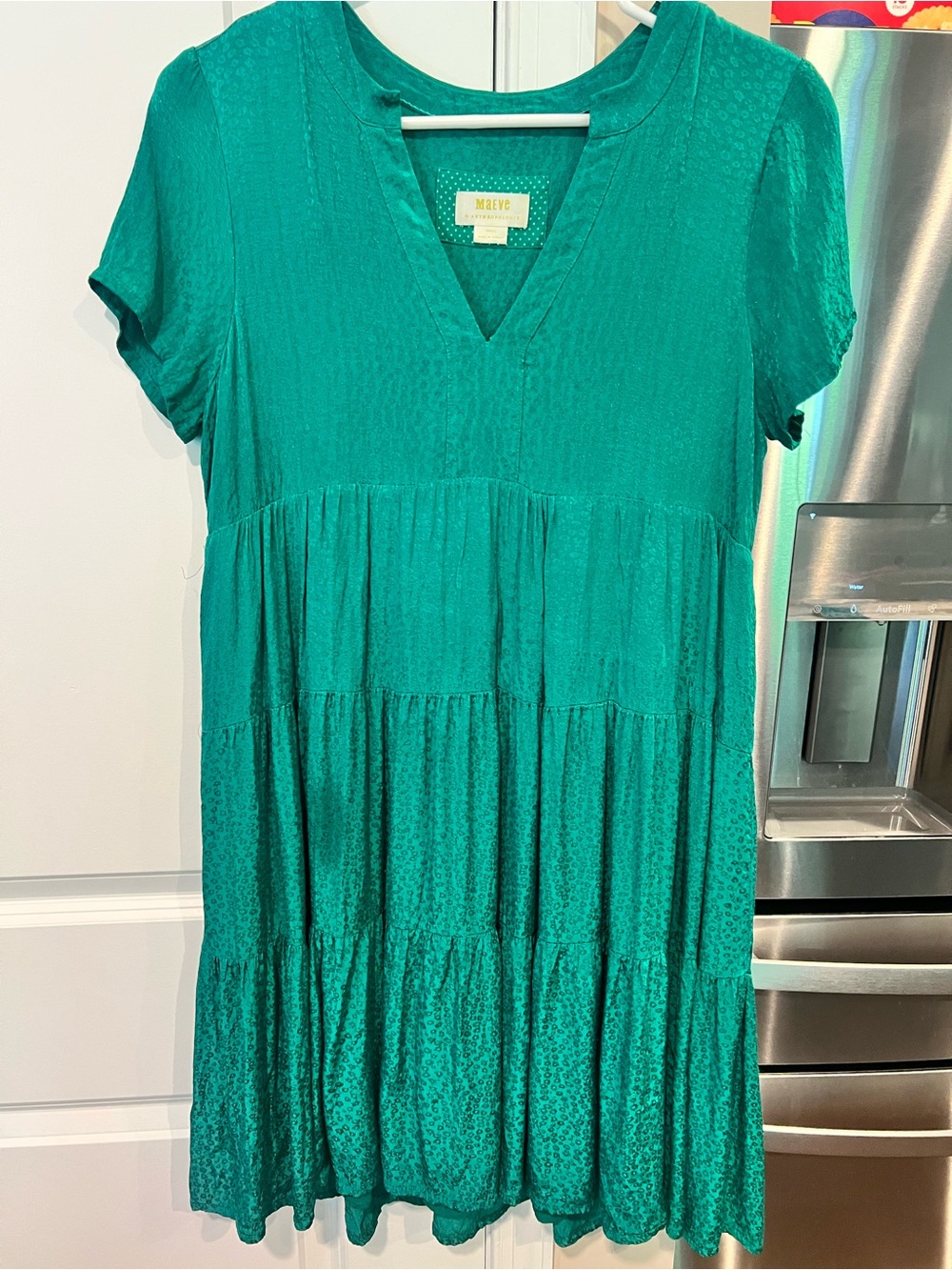Anthropologie Maeve Tania Sacha Jacquard Tiered Tunic Mini Dress Green Sz small